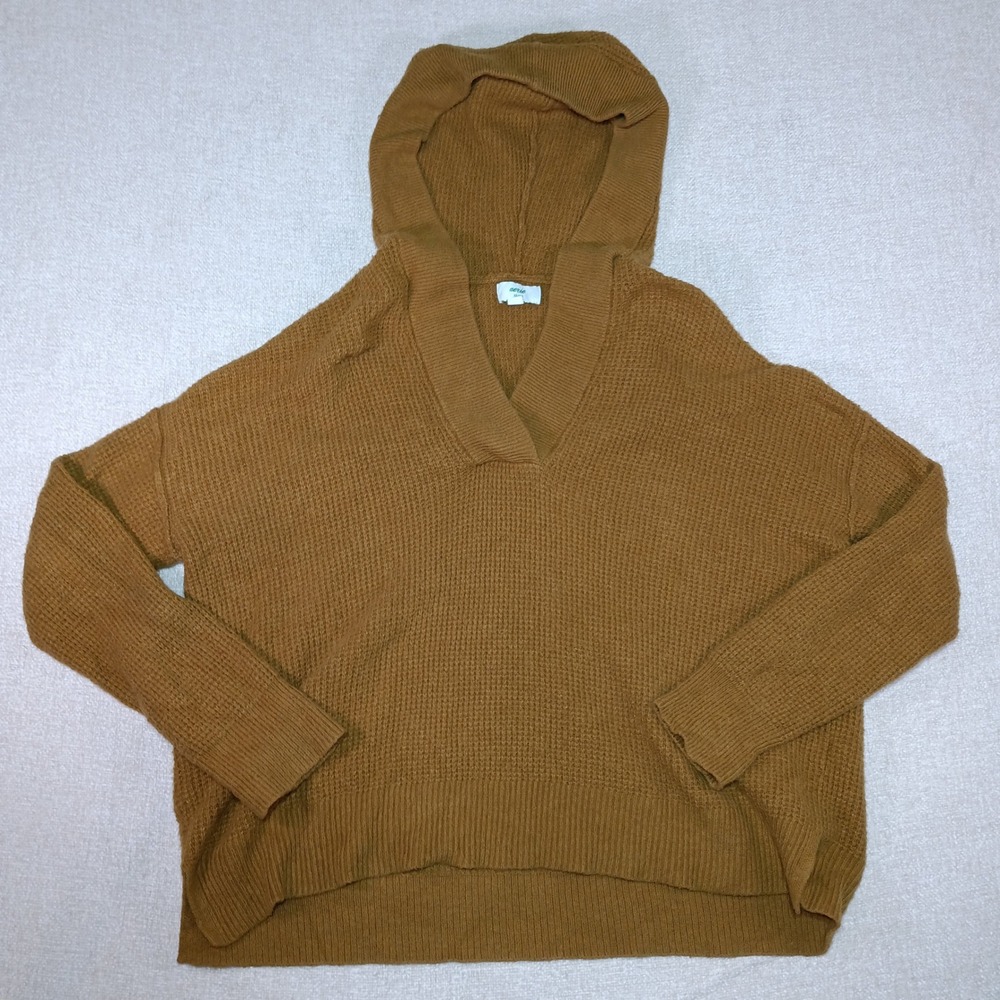 Aerie Waffle Knit V-Neck Hoodie Womens XS Oversized Mustard Brown Sweater Top
